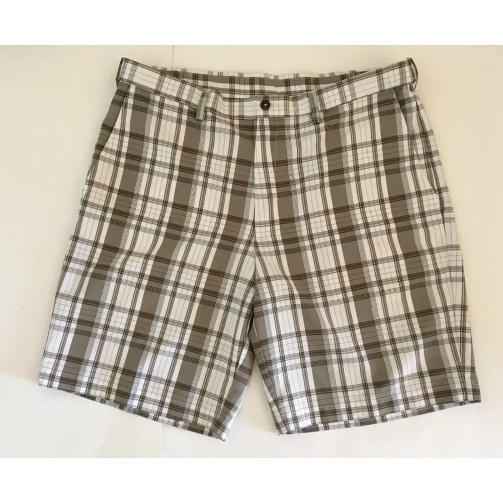Haggar Golf Performance Shorts Mens 36 Brown White Plaid Expandable Waist